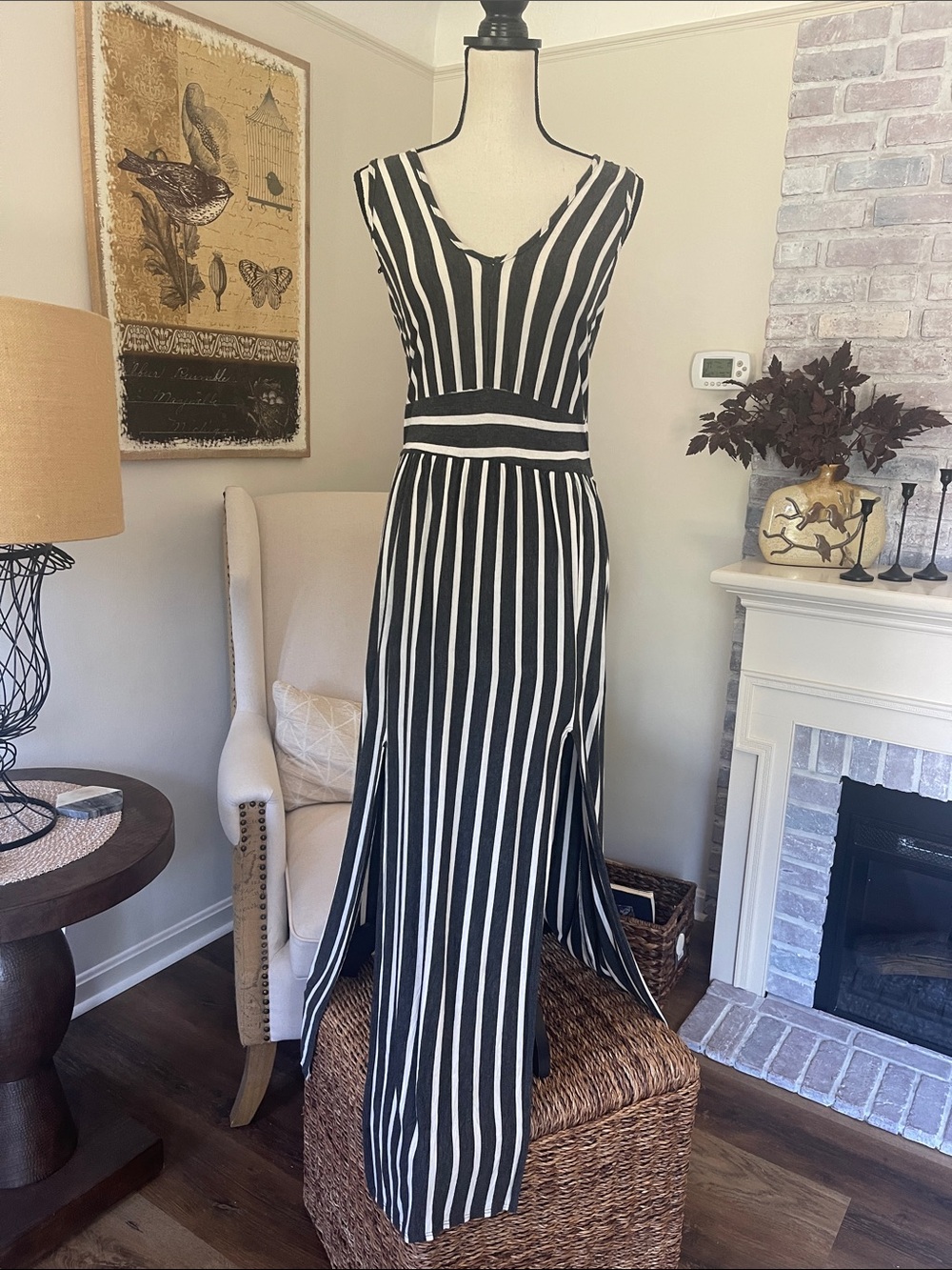 Pinc Gray and Cream Striped Sleeveless Casual Maxi Dress with Long Slits Size M